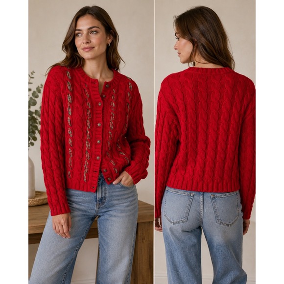GAP Sweaters - Vintage 90s GAP XL Red Cable Knit Cardigan Sweater Plaid Ribbon Weave 100% Cott